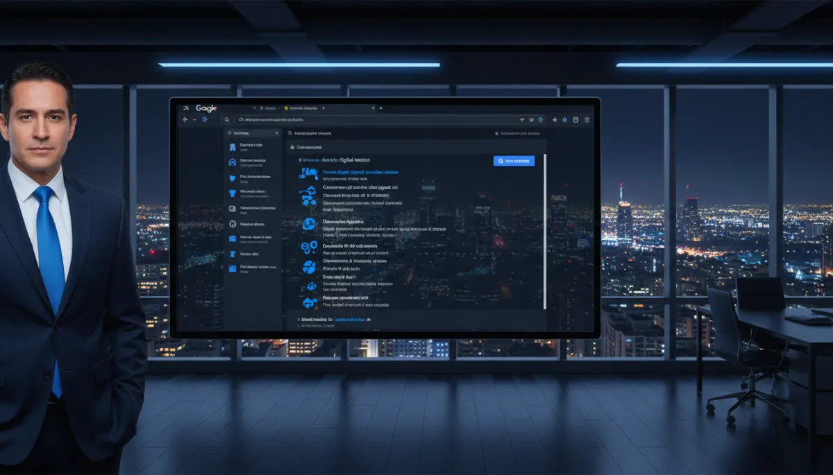 escena fotorrealista de un abogado mexicano frente a una gran pantalla con resultados de búsqueda de Google en modo oscuro, acentos en azul eléctrico y blanco, oficina moderna con vista nocturna de la ciudad