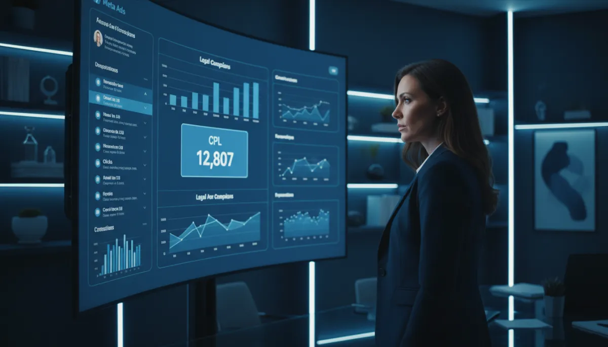 fotorrealista, plano medio de socio de despacho jurídico en oficina moderna oscura con acentos en azul Meta y azul eléctrico AGNT, mirando una gran pantalla con dashboard de Meta Ads mostrando métricas de campañas legales, gráficos de barras y CPL resaltado, ambiente profesional y tecnológico