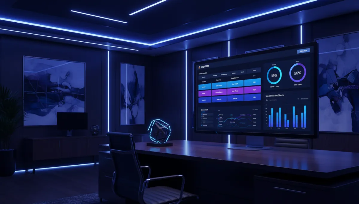 escena fotorrealista de oficina de despacho de abogados moderna y oscura, con un gran monitor mostrando un dashboard de CRM jurídico con pipeline de casos, gráficos en azul eléctrico y violeta, iluminación tenue tipo neón