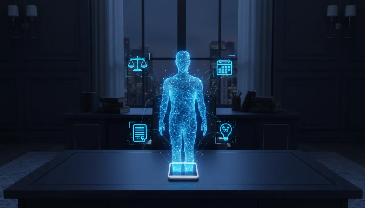 escena fotorrealista de una oficina legal oscura y elegante, un smartphone sobre el escritorio emitiendo un holograma azul eléctrico con la silueta de un asistente de voz IA, destellos de luz holográfica conectando íconos legales como balanza, contrato y calendario