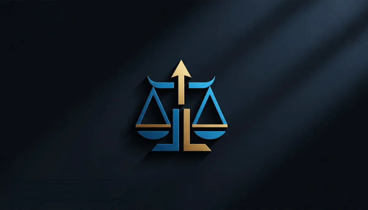 escena fotorrealista de un logo de despacho de abogados elegante en CDMX sobre fondo oscuro, con detalles en azul eléctrico y dorado sutil, iluminación dramática y tipografía sofisticada