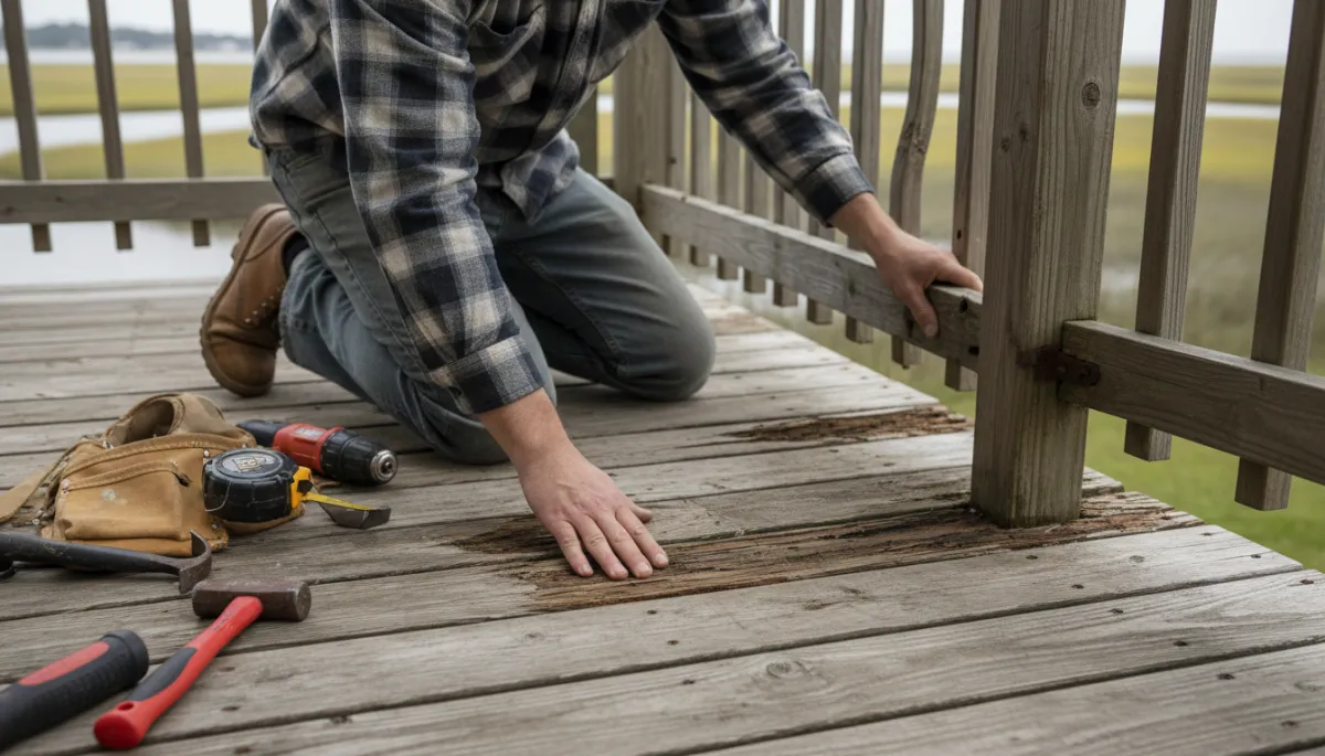 Contractor inspecting damaged deck boards and loose railing on a Maryland Eastern Shore home