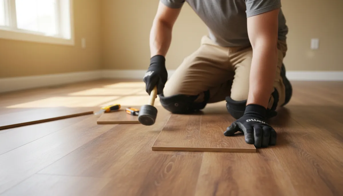 Flooring contractor installing wood-look planks in a Maryland home Flooring contractor installing wood-look planks in a Maryland home