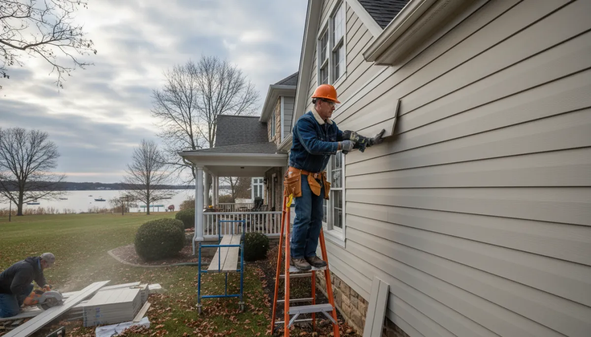 Professional contractor installing new siding on a Maryland Eastern Shore home