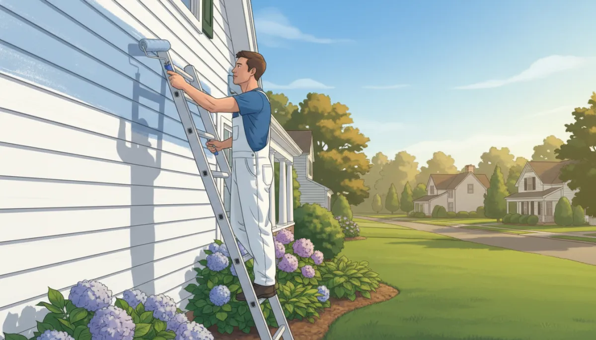 A photorealistic scene showing a professional painter actively painting house siding on a Maryland home. The painter is on a ladder or standing at ground level, carefully applying paint with a roller or brush to horizontal siding. The setting is a sunny, mild day on Maryland’s Eastern Shore, with lush landscaping and an attractive, well-kept neighborhood in the background. The painter is dressed in clean work attire, and the image clearly shows fresh paint being applied to the siding, not prep work. A photorealistic scene showing a professional painter actively painting house siding on a Maryland home. The painter is on a ladder or standing at ground level, carefully applying paint with a roller or brush to horizontal siding. The setting is a sunny, mild day on Maryland’s Eastern Shore, with lush landscaping and an attractive, well-kept neighborhood in the background. The painter is dressed in clean work attire, and the image clearly shows fresh paint being applied to the siding, not prep work.