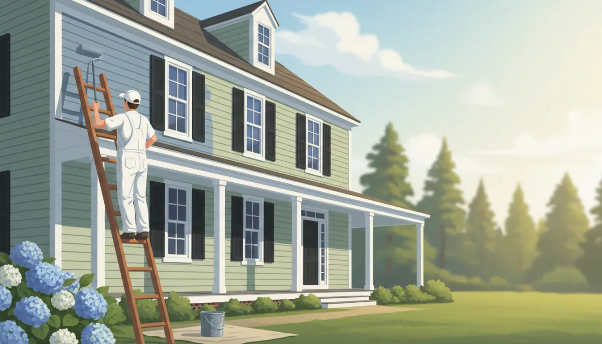 A realistic photo or illustration of a painter painting the main siding (not just trim) of a Maryland home exterior, using a roller or brush. The focus is on painting the siding, with the painter in clean attire, and the home featuring classic Maryland/Eastern Shore architectural details. The image should evoke the process of transforming and protecting a home’s siding with fresh paint. A realistic photo or illustration of a painter painting the main siding (not just trim) of a Maryland home exterior, using a roller or brush. The focus is on painting the siding, with the painter in clean attire, and the home featuring classic Maryland/Eastern Shore architectural details. The image should evoke the process of transforming and protecting a home’s siding with fresh paint.