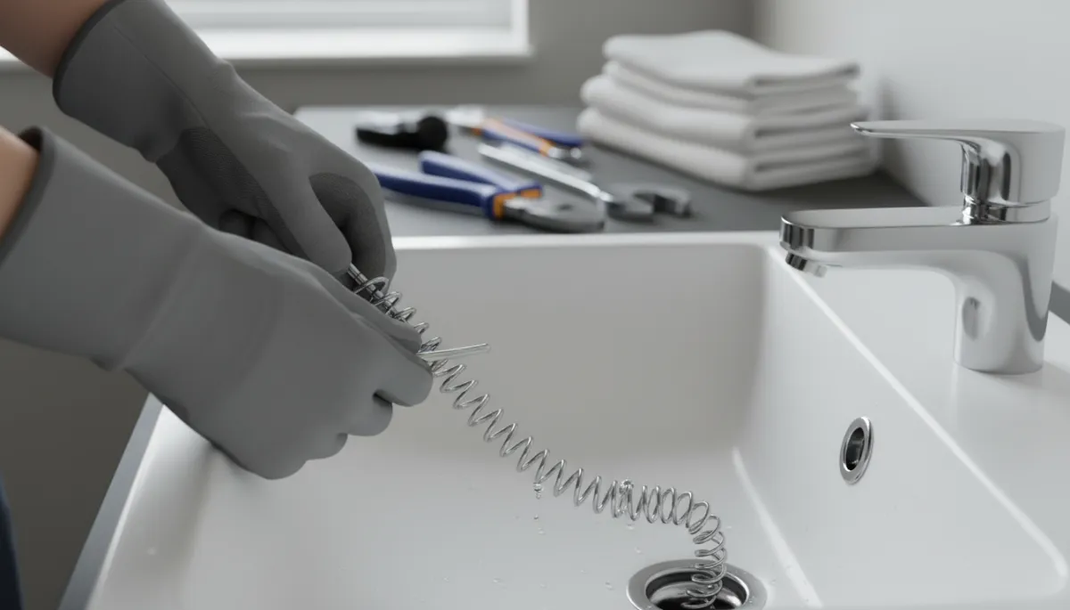 Plumber using a small drain snake to clear a bathroom sink clog Plumber using a small drain snake to clear a bathroom sink clog