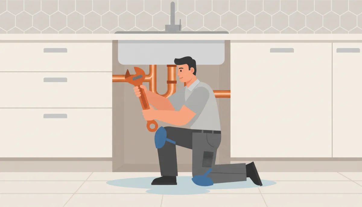 Plumber repairing a burst pipe under a kitchen sink Plumber repairing a burst pipe under a kitchen sink