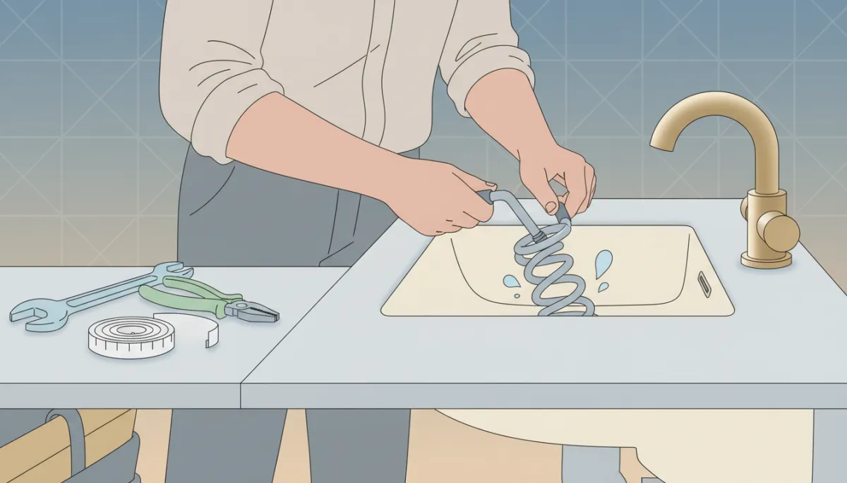 Plumber using a drain snake to clear a bathroom sink drain