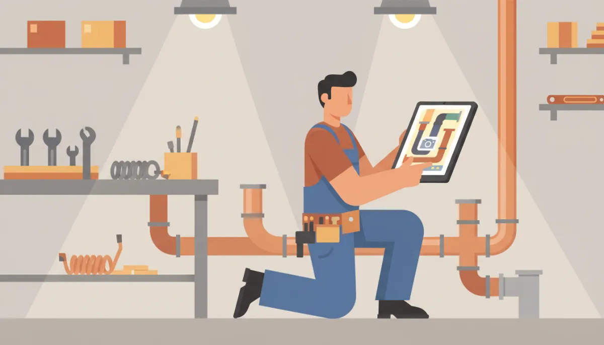 Plumber reviewing drain camera footage to decide between cleaning and repair