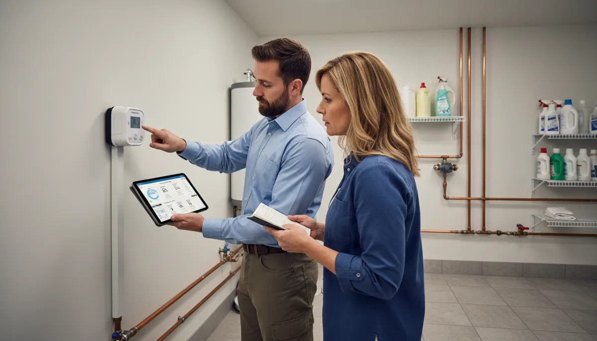 Plumber and homeowner reviewing water meter readings together