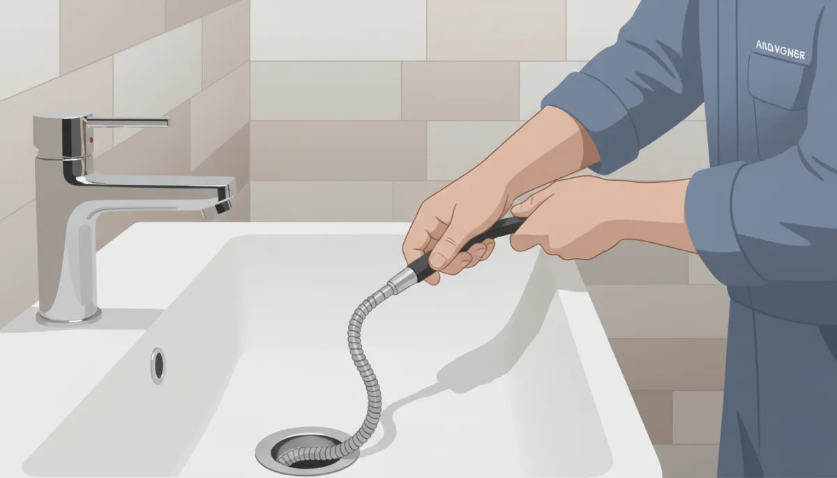 Plumber using a manual drain snake to clear a bathroom sink drain
