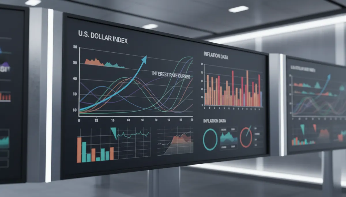 Gráficos profesionales que comparan el índice del dólar con tasas de interés e inflación