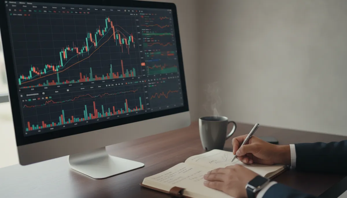 Pantalla con gráficos financieros y notas de trading escritas a mano