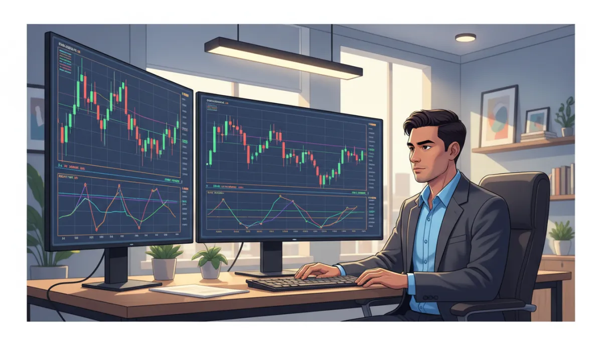 Latino trader mirando múltiples pantallas con gráficos de velas, indicadores técnicos como RSI y MACD superpuestos, ambiente de oficina moderna con luz cálida