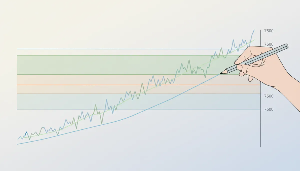 gráfico profesional del índice S&P500 en pantalla clara, con zonas de soporte y resistencia marcadas, mano señalando nivel 7500 con un lápiz, estilo profesional y colores neutros gráfico profesional del índice S&P500 en pantalla clara, con zonas de soporte y resistencia marcadas, mano señalando nivel 7500 con un lápiz, estilo profesional y colores neutros