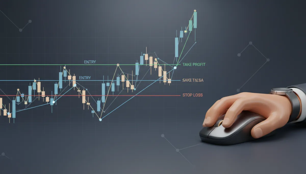 Plataforma de trading con niveles de entrada, stop loss y take profit marcados Plataforma de trading con niveles de entrada, stop loss y take profit marcados