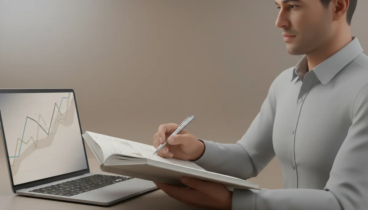 Trader latinoamericano escribiendo en su diario de trading junto a gráficos de forex