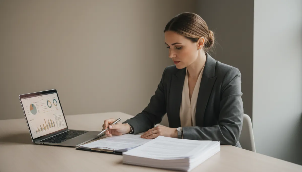 professional neutral‑tone photo of small business owner and consultant reviewing government grant documents at a clean office desk, laptop open with charts, calm daylight, business formal attire