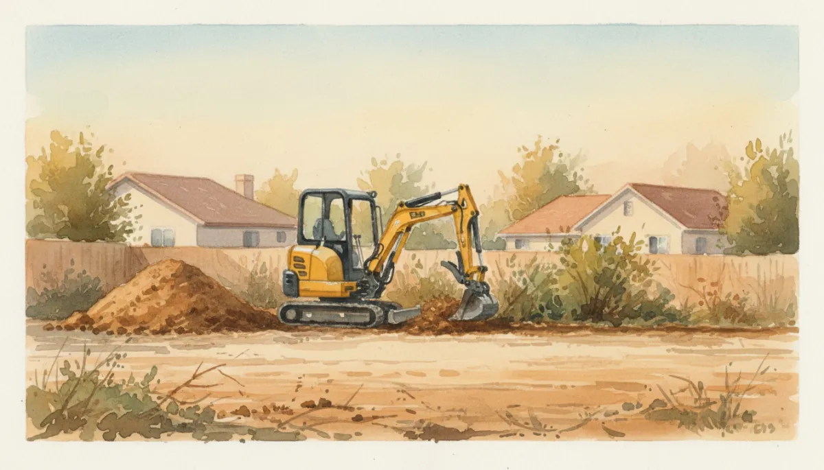 Excavator clearing and leveling a residential backyard before construction
