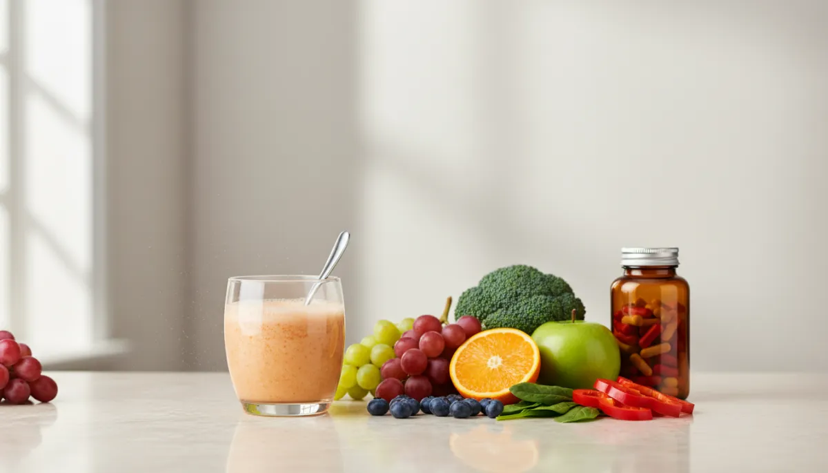 Multivitamin powder drink alongside fresh whole foods