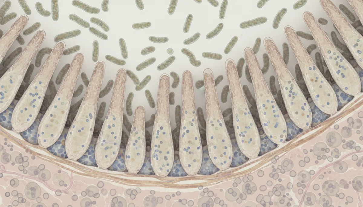 Illustration of a healthy gut lining and balanced microbiome