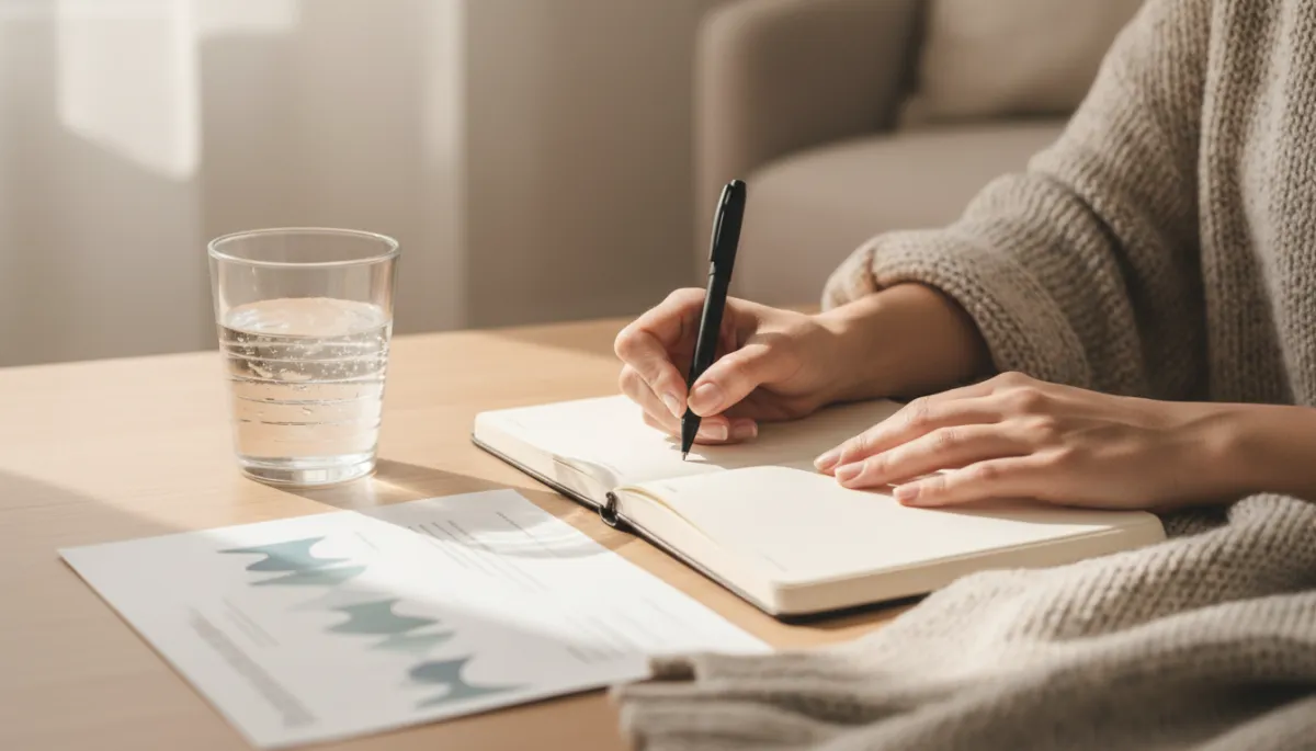 Person journaling about their health while reviewing a simple wellness report Person journaling about their health while reviewing a simple wellness report