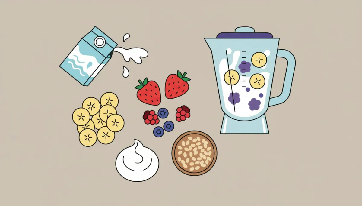 Smoothie ingredients laid out on a neutral kitchen counter next to a blender Smoothie ingredients laid out on a neutral kitchen counter next to a blender