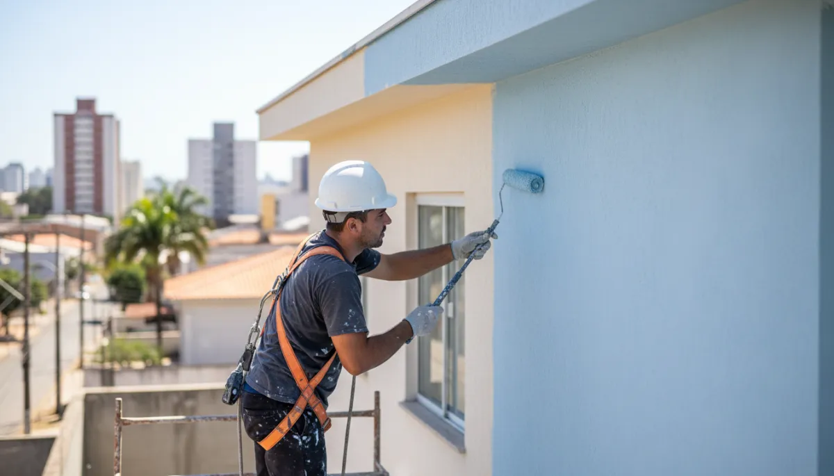Pintor profissional aplicando tinta em fachada externa em Maringá