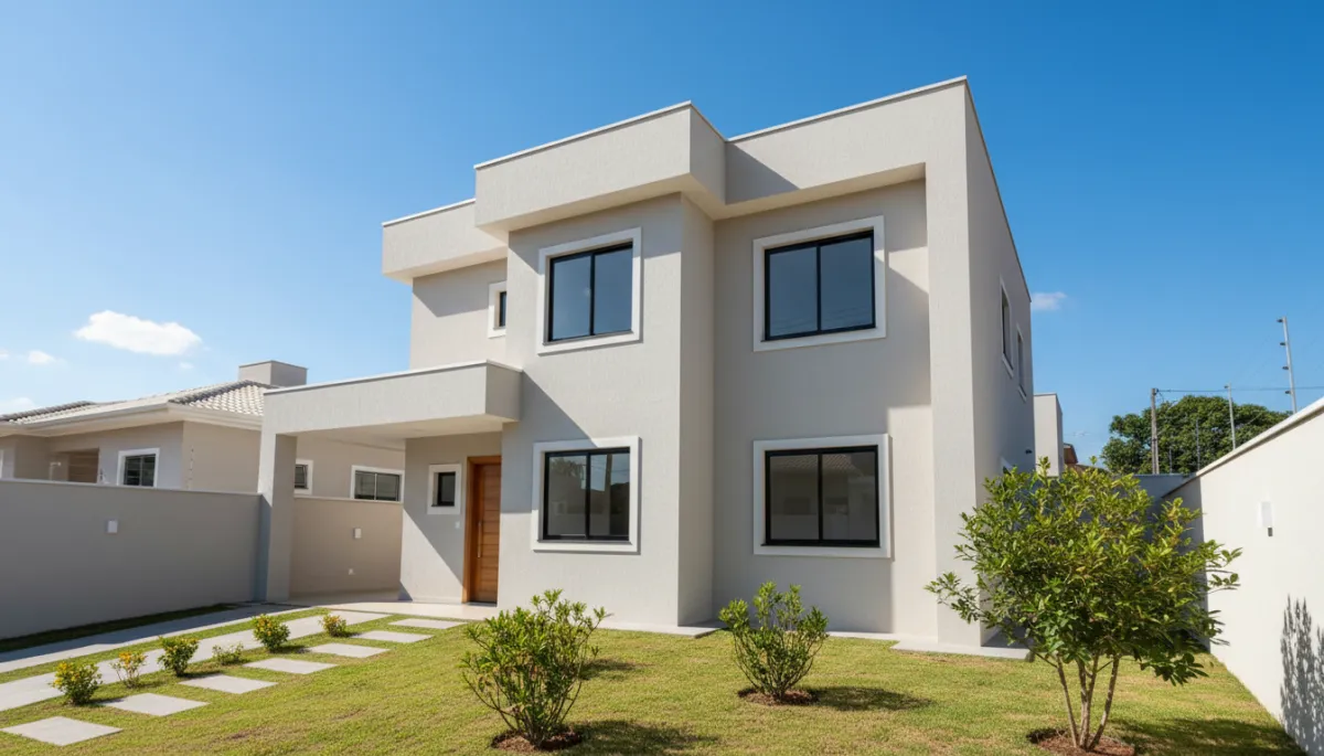 Fachada residencial moderna recém-pintada em tom bege claro neutro, estilo casa de bairro de classe média em Maringá no Paraná, céu azul, jardim simples na frente, iluminação de dia, estilo fotorrealista