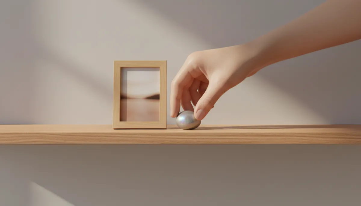 Hand placing a framed photo and keepsake on a simple wooden shelf as a remembrance