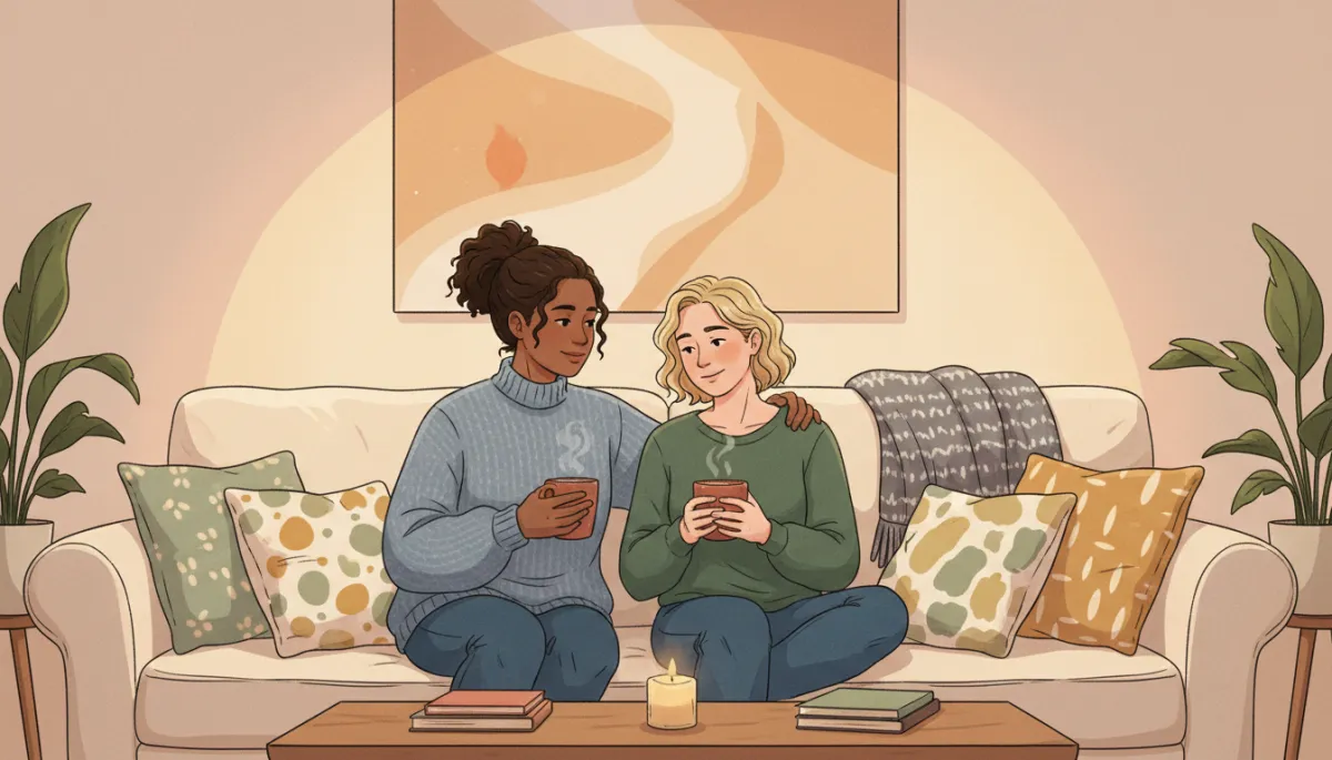 Two people sitting together on a sofa in a softly lit living room, one offering a gentle hand on the other's shoulder, both holding warm drinks, calm supportive atmosphere