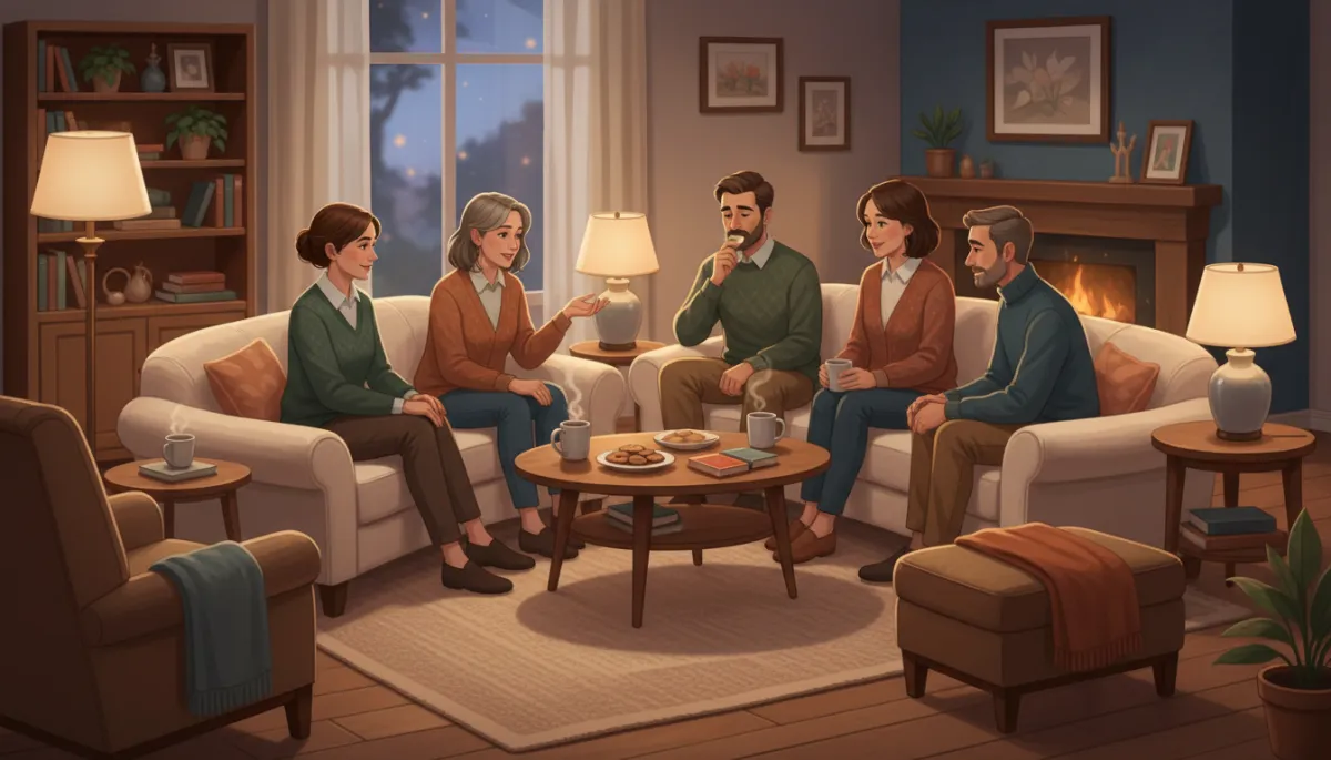 Small group of adults sitting in a cozy living room circle with warm lighting, quietly talking and listening, calm and supportive mood