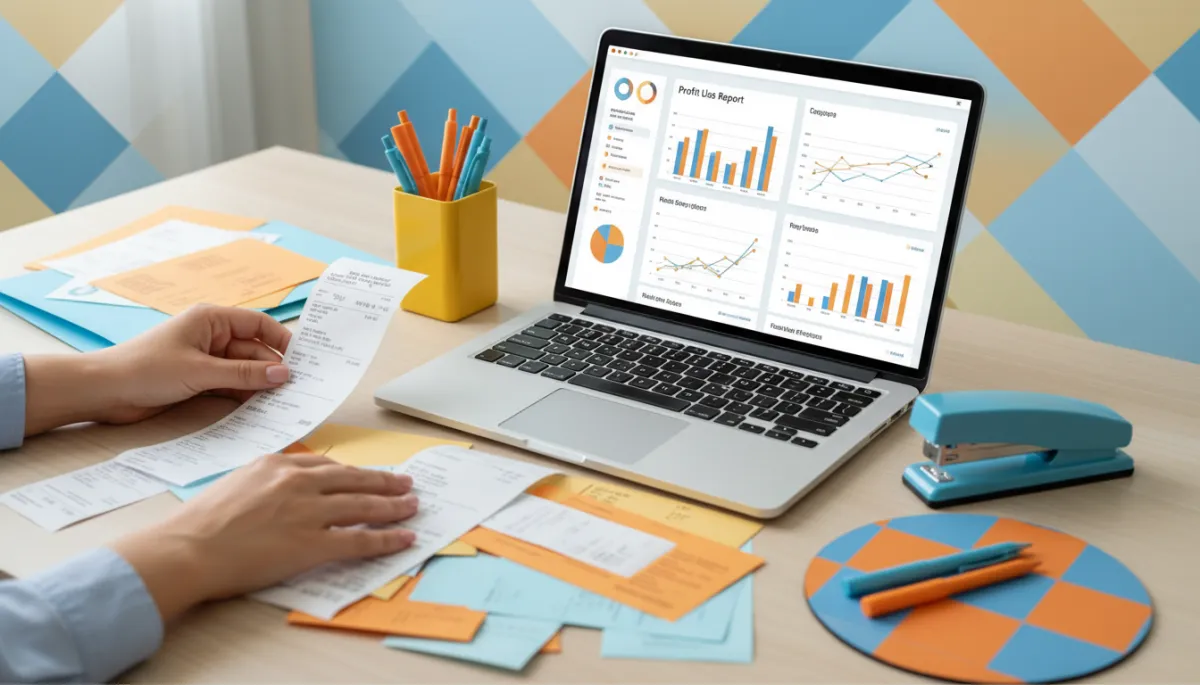Bookkeeper organizing receipts while reviewing a profit and loss report Bookkeeper organizing receipts while reviewing a profit and loss report