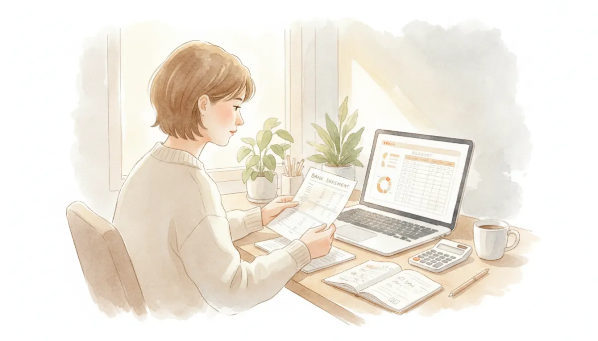 Home-based business owner reviewing bookkeeping reports Home-based business owner reviewing bookkeeping reports