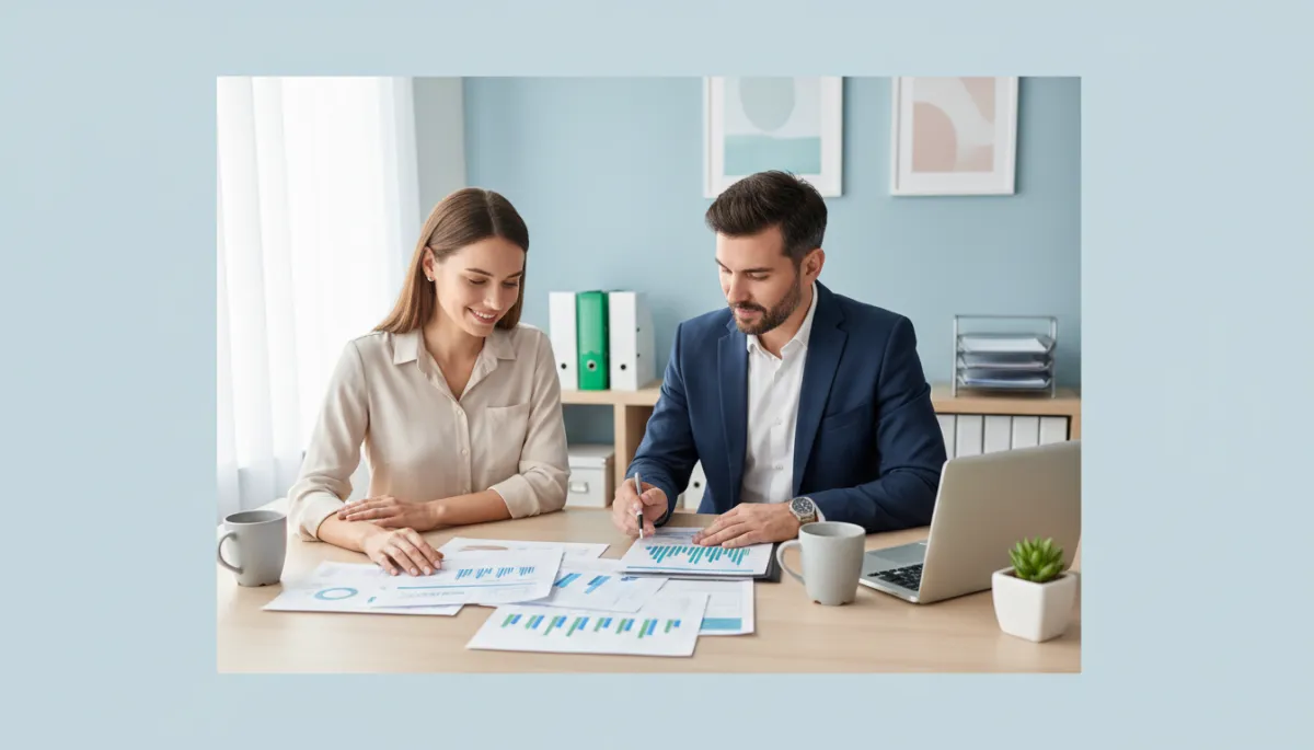 Photorealistic image of a small business owner sitting at a clean, modern desk in a bright, organized office. The owner is reviewing clear, neatly organized printed bookkeeping reports with a professional bookkeeper. Both individuals are focused and relaxed, conveying a sense of relief and confidence. The laptop on the desk is plain and professional—no graphics or stickers on the exterior—emphasizing a clutter-free, businesslike setting. Papers are tidy, with a cup of coffee nearby, reinforcing a calm, productive atmosphere. The overall mood is serene and professional, illustrating the peace of mind that comes from outsourcing bookkeeping. Photorealistic image of a small business owner sitting at a clean, modern desk in a bright, organized office. The owner is reviewing clear, neatly organized printed bookkeeping reports with a professional bookkeeper. Both individuals are focused and relaxed, conveying a sense of relief and confidence. The laptop on the desk is plain and professional—no graphics or stickers on the exterior—emphasizing a clutter-free, businesslike setting. Papers are tidy, with a cup of coffee nearby, reinforcing a calm, productive atmosphere. The overall mood is serene and professional, illustrating the peace of mind that comes from outsourcing bookkeeping.