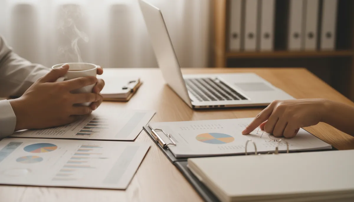 Organized financial reports on a table with a business owner and bookkeeper reviewing charts Organized financial reports on a table with a business owner and bookkeeper reviewing charts