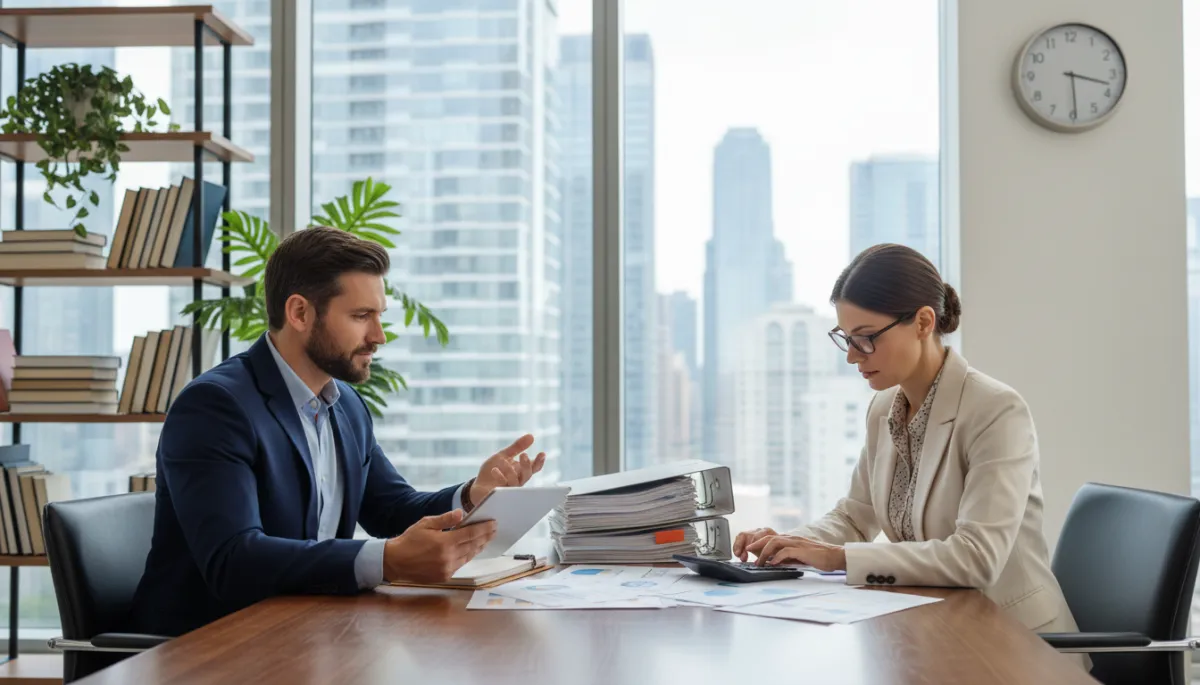 A photorealistic, high-quality image of a well-dressed business owner in a modern, bright office, confidently delegating paperwork to a professional accountant across a sleek conference table. The business owner is wearing a tailored suit, looking relaxed and focused on a laptop or digital tablet, while the accountant, dressed in business attire, reviews financial documents and uses a calculator. In the background, large windows show a city skyline, and office decor includes a bookshelf with finance and business books, a potted plant, and a wall clock. The atmosphere conveys professionalism, efficiency, and the trust placed in expert financial support, emphasizing successful delegation of bookkeeping tasks. A photorealistic, high-quality image of a well-dressed business owner in a modern, bright office, confidently delegating paperwork to a professional accountant across a sleek conference table. The business owner is wearing a tailored suit, looking relaxed and focused on a laptop or digital tablet, while the accountant, dressed in business attire, reviews financial documents and uses a calculator. In the background, large windows show a city skyline, and office decor includes a bookshelf with finance and business books, a potted plant, and a wall clock. The atmosphere conveys professionalism, efficiency, and the trust placed in expert financial support, emphasizing successful delegation of bookkeeping tasks.