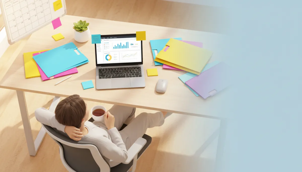 photorealistic overhead view of a small business owner relaxing at a bright desk, laptop open to a clean bookkeeping dashboard, colorful folders and sticky notes in playful brights blues yellows and pinks, sunlight coming through window, calm and organized atmosphere photorealistic overhead view of a small business owner relaxing at a bright desk, laptop open to a clean bookkeeping dashboard, colorful folders and sticky notes in playful brights blues yellows and pinks, sunlight coming through window, calm and organized atmosphere