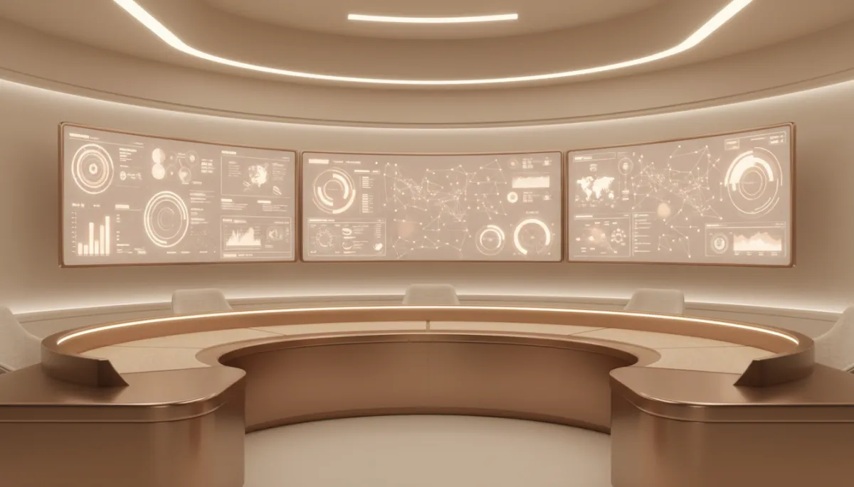 Agency command center with AI dashboards in warm neutral tones