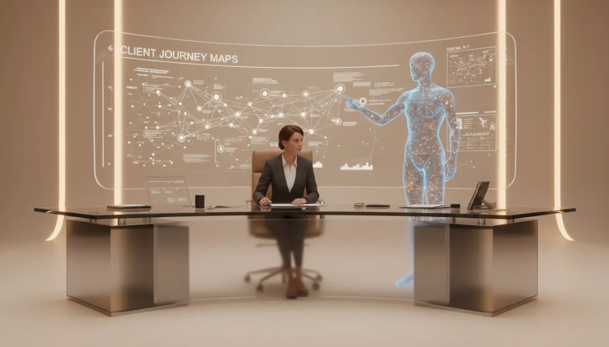 Strategist collaborating with AI hologram in warm neutral workspace