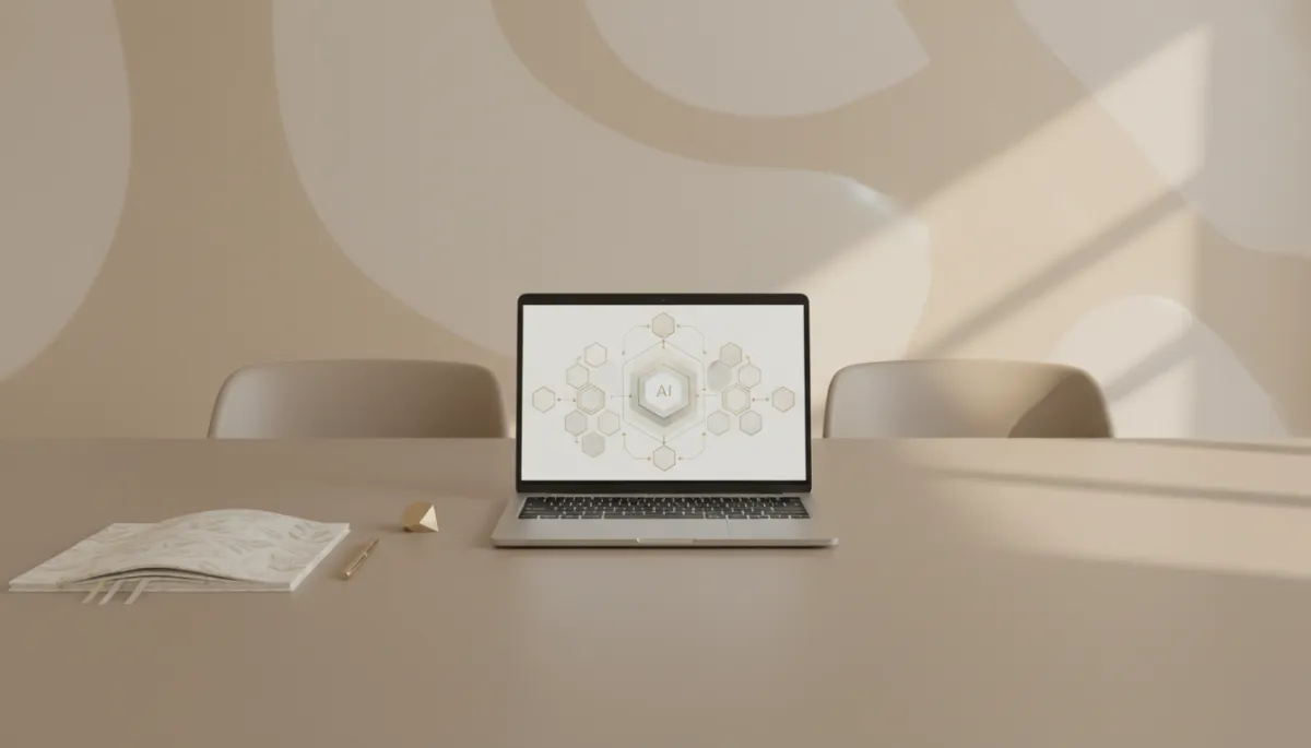 Conference table with laptop displaying multi-layer AI workflow
