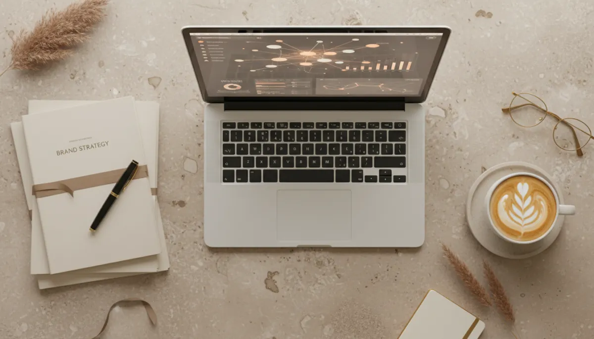 Warm neutral workspace with AI dashboard and strategy documents