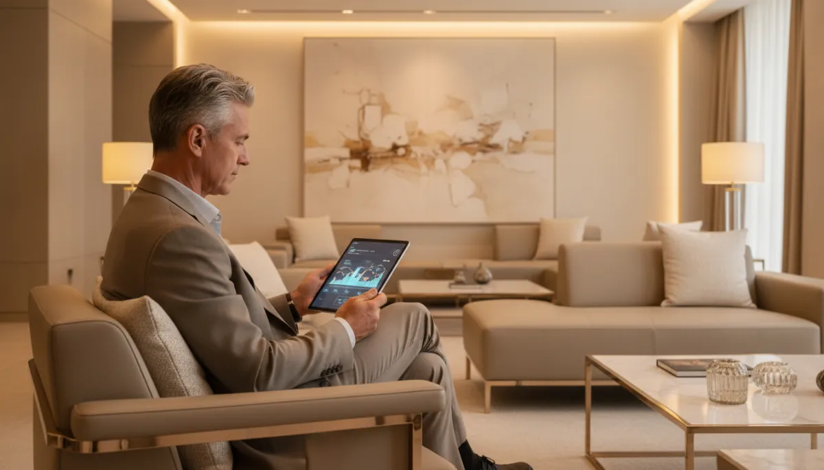 Senior leader reviewing AI-generated reports in a warm neutral corporate lounge