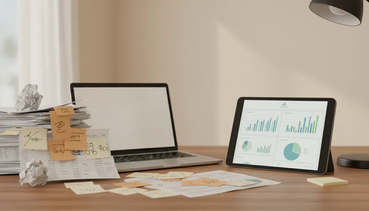 Messy manual lead tracking contrasted with a clean digital CRM view