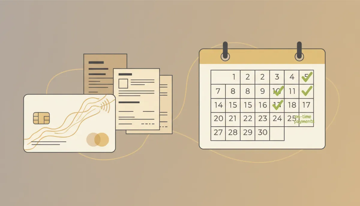 Illustration of coordinated business credit card and vendor payments in warm neutral tones