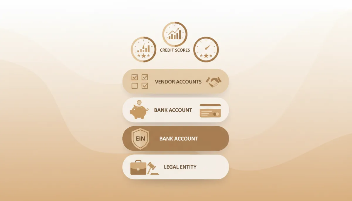Illustrated layers of a business credit profile in warm neutral tones