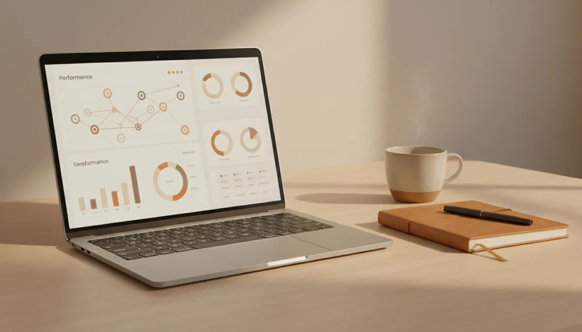 Minimalist workspace with content analytics dashboards and strategy notes