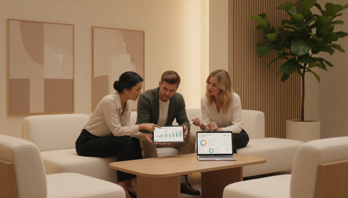 Team reviewing audience engagement analytics in an intimate lounge-style workspace