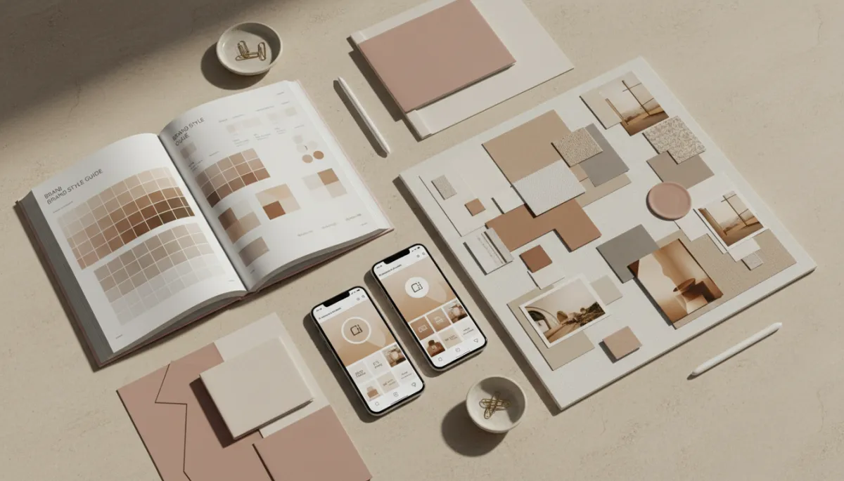 Flat-lay of brand guidelines and mobile devices showing consistent multi-platform branding